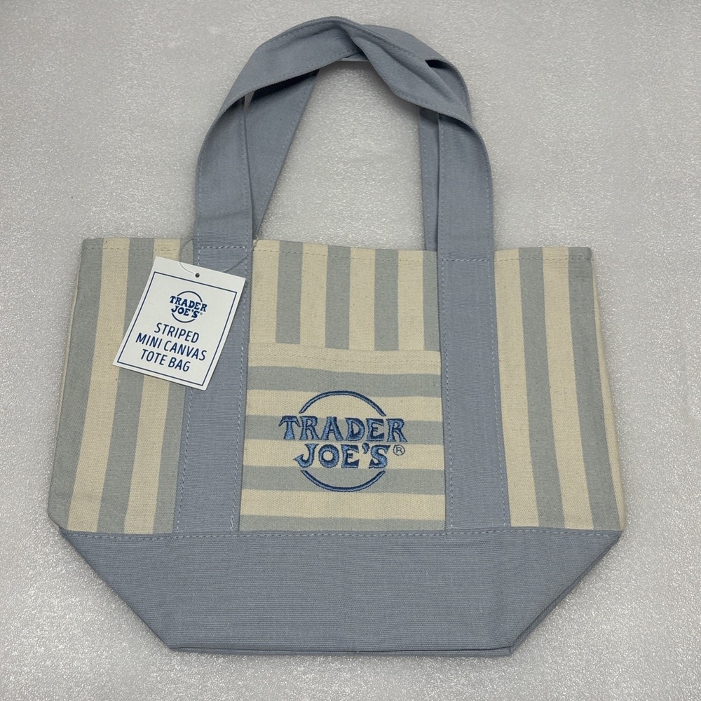 Trader Joes 2026 Summer Striped Mini Canvas Tote Bag Blue Reusable New NWT